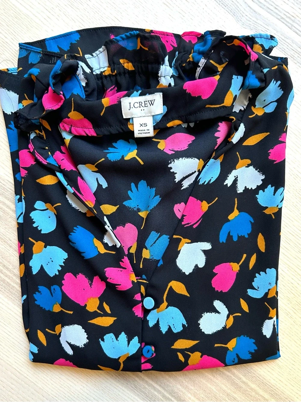 J.Crew Black Floral Satin Ruffle Buttondown Blouse Size Office Casual Preppy XS